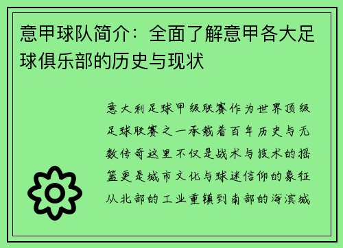 意甲球队简介：全面了解意甲各大足球俱乐部的历史与现状