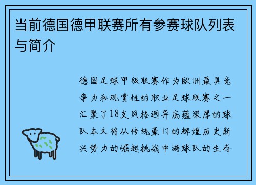 当前德国德甲联赛所有参赛球队列表与简介
