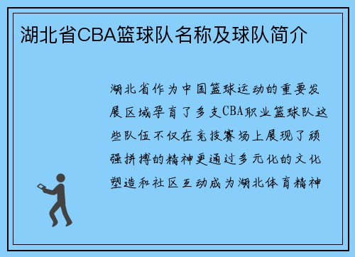湖北省CBA篮球队名称及球队简介
