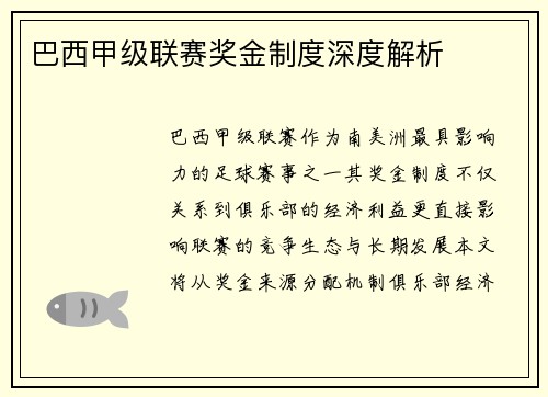 巴西甲级联赛奖金制度深度解析